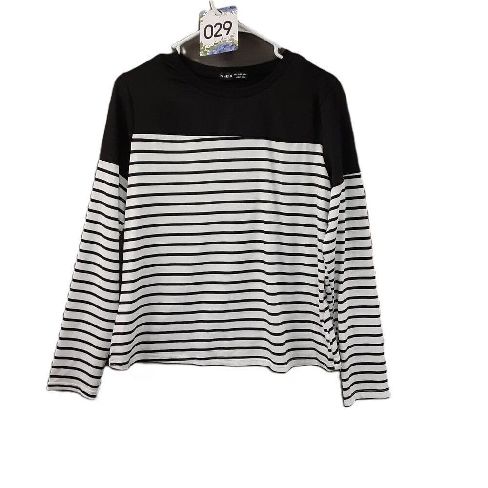 Shein Woman's Blouse Size Large Black/White Pullover Long Sleeve Easy Care